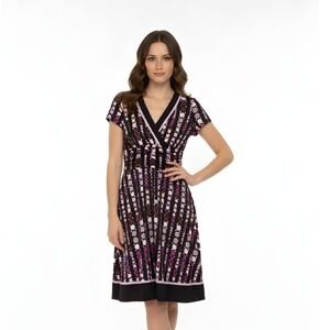Double Sided V Neck Black Dress w/ Purple, Cream, Brown Spot Dress 10P‎